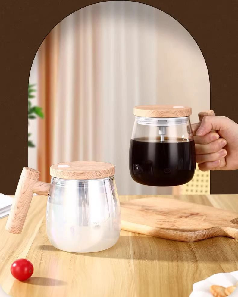 ४०० मिलिलिटर स्वचालित मिक्सिंग ग्लास मग - काठको ह्यान्डल भएको इलेक्ट्रिक कफी कप, ल्याटे, माचा र कोकोको लागि वन-टच ब्लेन्डर, गाँठहरू नभएको, बीपीए-रहित ग्लास
